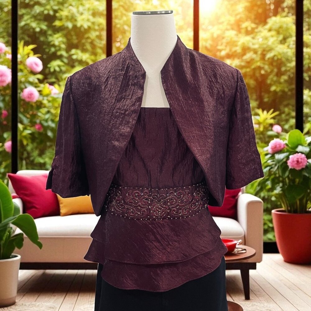 R M Richards 2 Piece Mother Of The Bride Evening Jacket‎ Top Set Burgundy Beaded